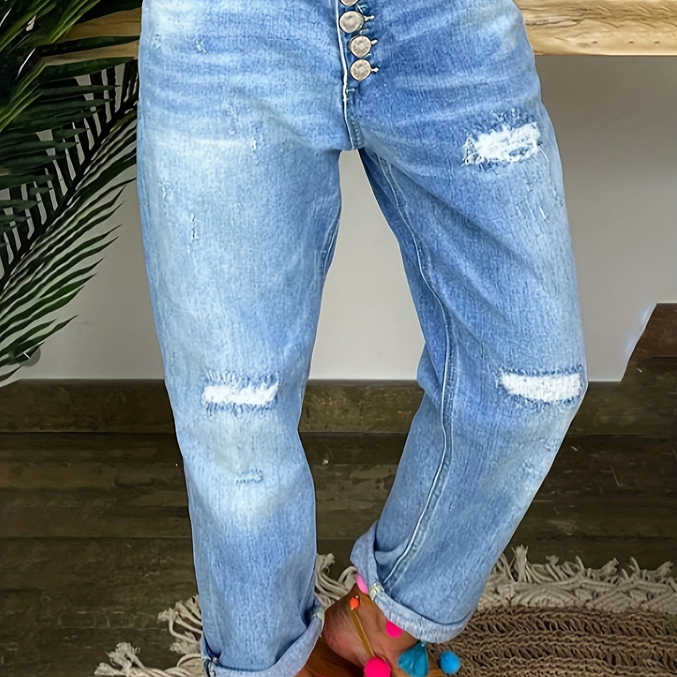 

Women's Distressed Straight Leg Jeans - Cotton Button Fly Denim Pants With High Stretch For All , Solid Color Casual Wear - Cotton85%, Polyester13%, Elastane2%