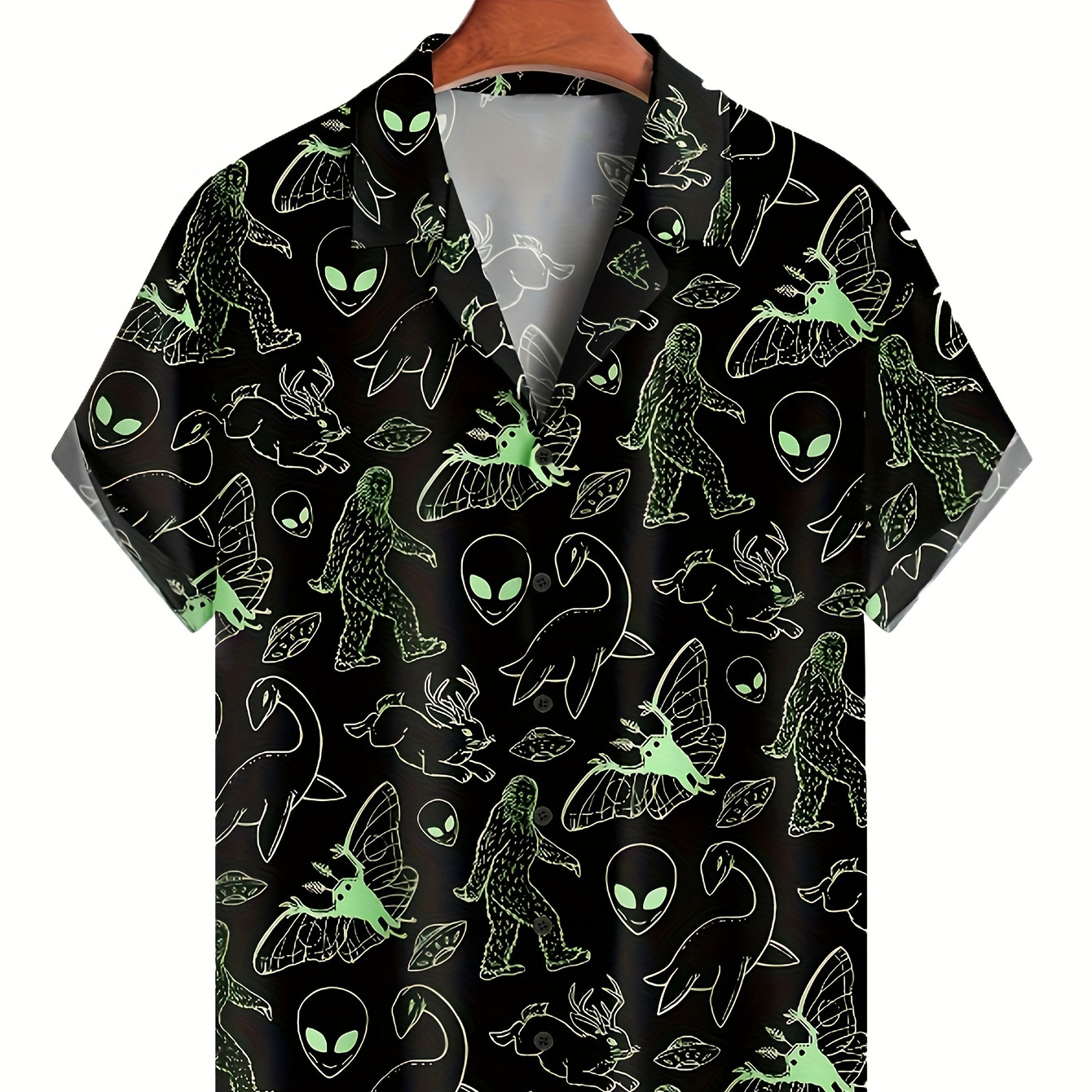 

Alien And Animal Pattern Men's Fashionable And Simple Short Sleeve Button Casual Lapel Shirt, Trendy And Versatile, Suitable For Summer Dates, Beach Holiday, As Gifts, Men's Clothing