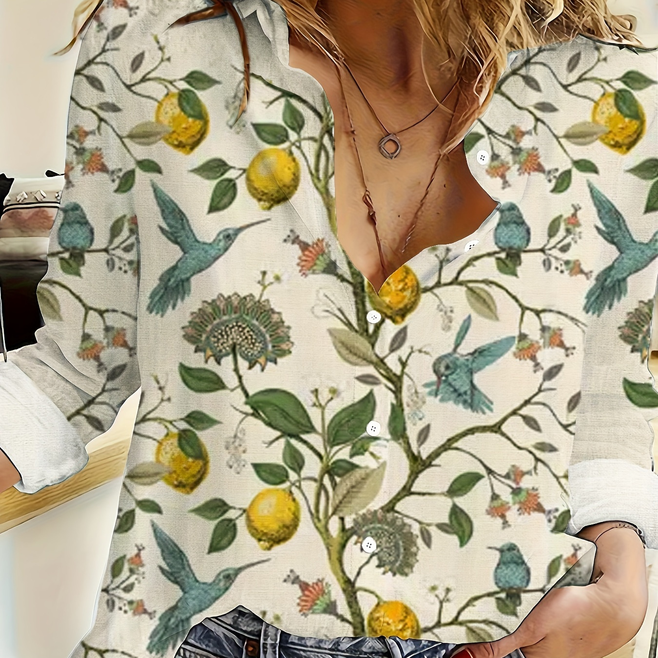 

Chemise à simple boutonnage à imprimé végétal, chemise décontractée à manches longues pour le printemps et l'automne, vêtements pour femmes