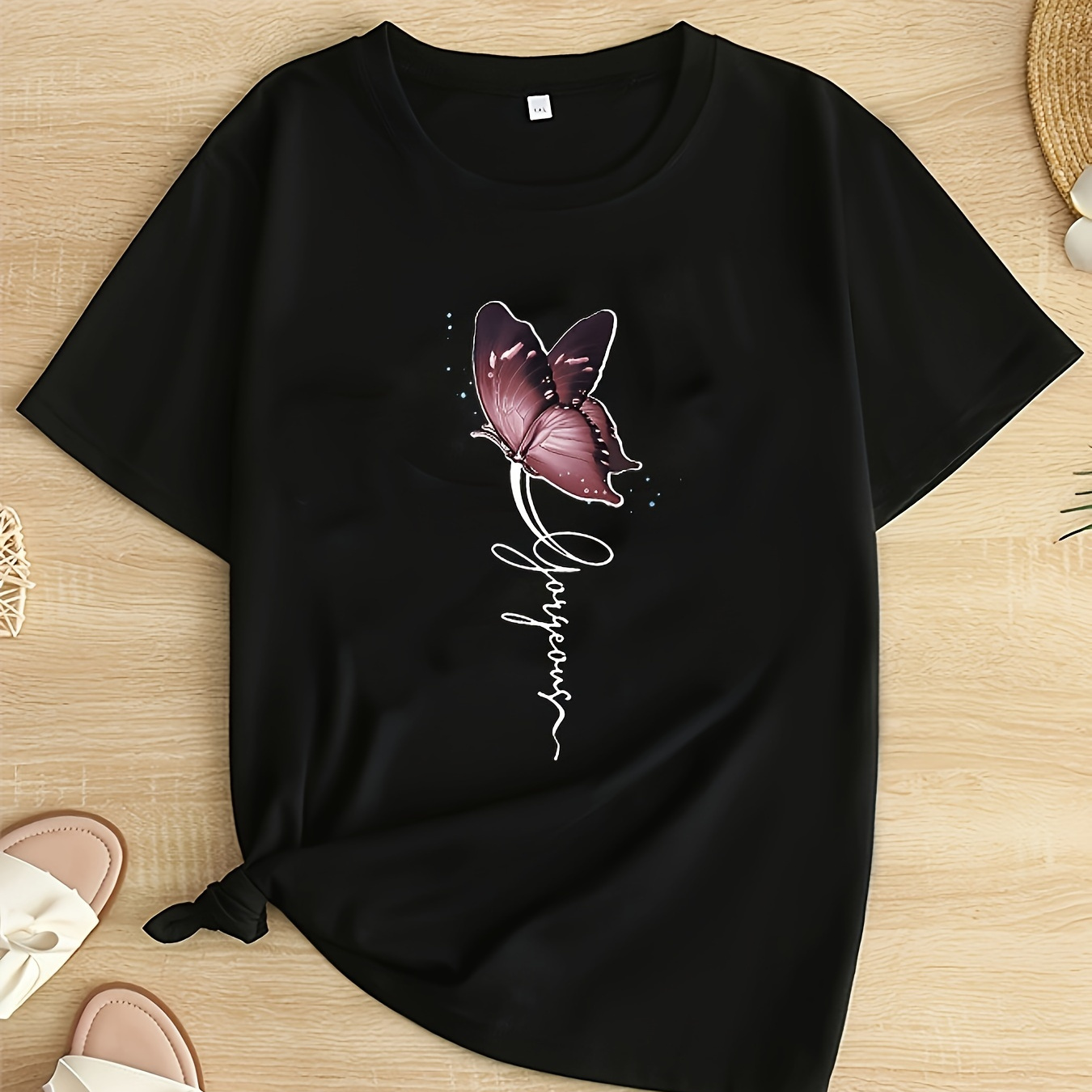 

Plus Size Butterfly & Letter Print T-shirt, Casual Short Sleeve Top For Spring & Summer, Women's Plus Size Clothing