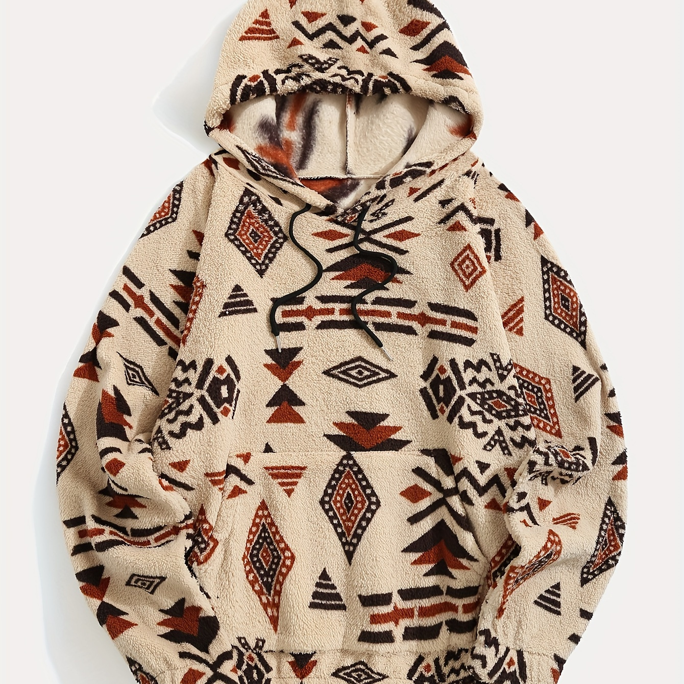 

Ethnic Aztec Print Fuzzy Drawstring Hoodie, Casual Long Sleeve Kangaroo Pocket Warm Sweatshirt, Women's Clothing