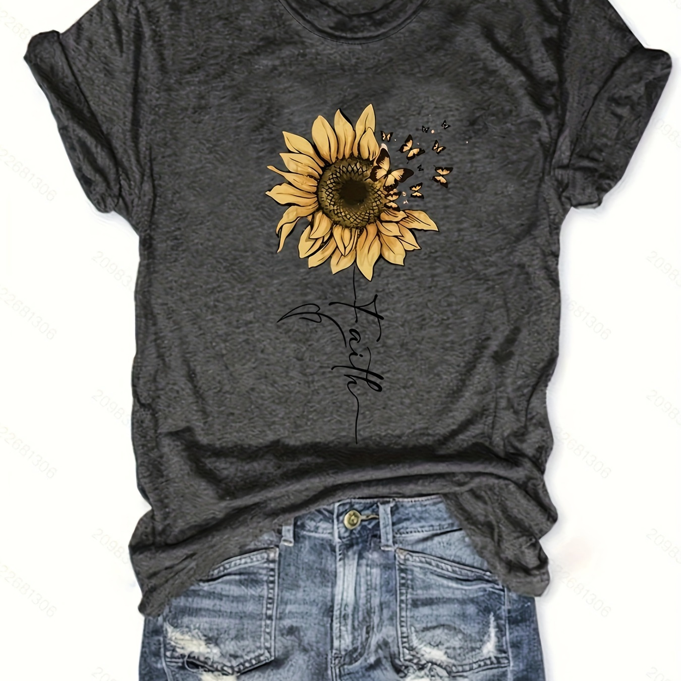 

Sunflower Butterfly Print Crew Neck T-shirt, Casual Short Sleeve T-shirt For Spring & Summer, Women's Clothing