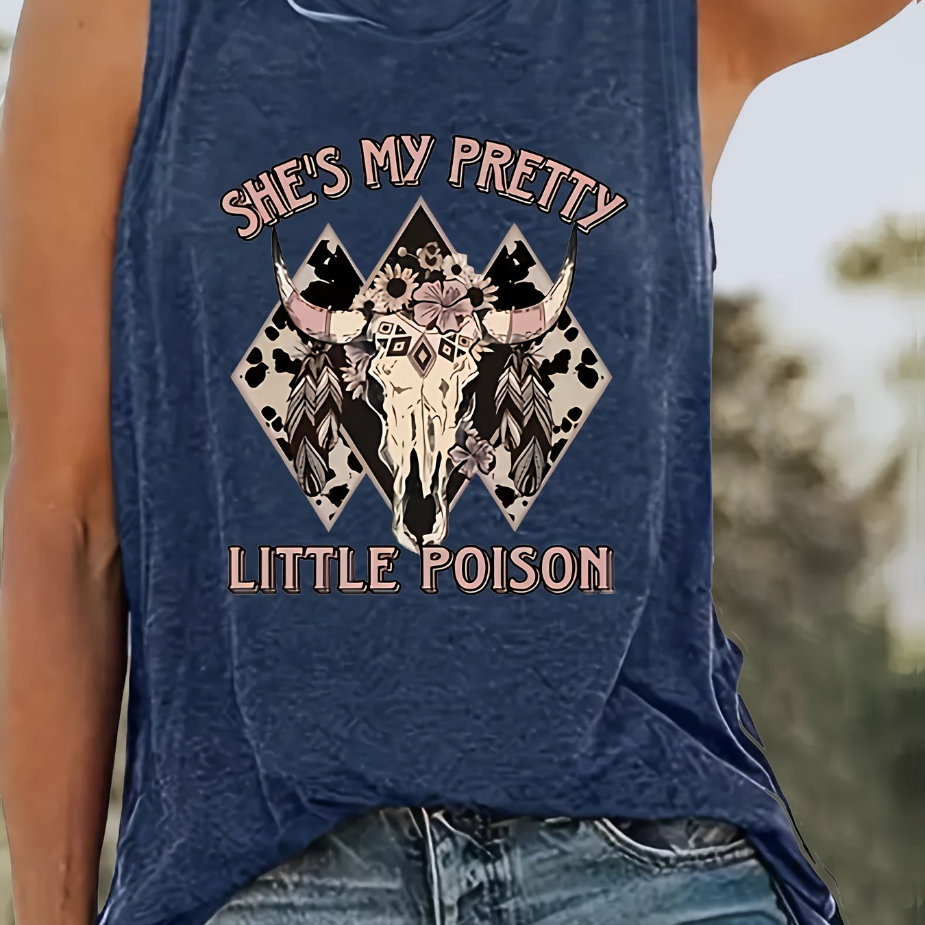 

Cow Skull & Floral Print Tank Top, Casual Crew Neck Sleeveless Tank Top For Summer, Women's Clothing