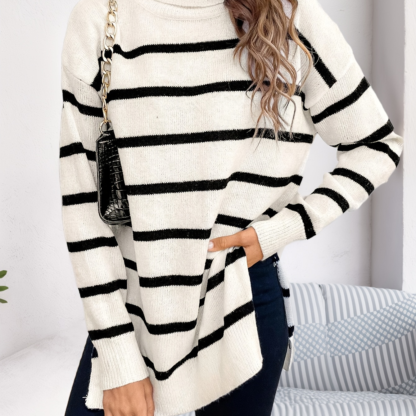 

Striped Drop Shoulder Sweater, Long Sweater For Fall & , Women's Clothing