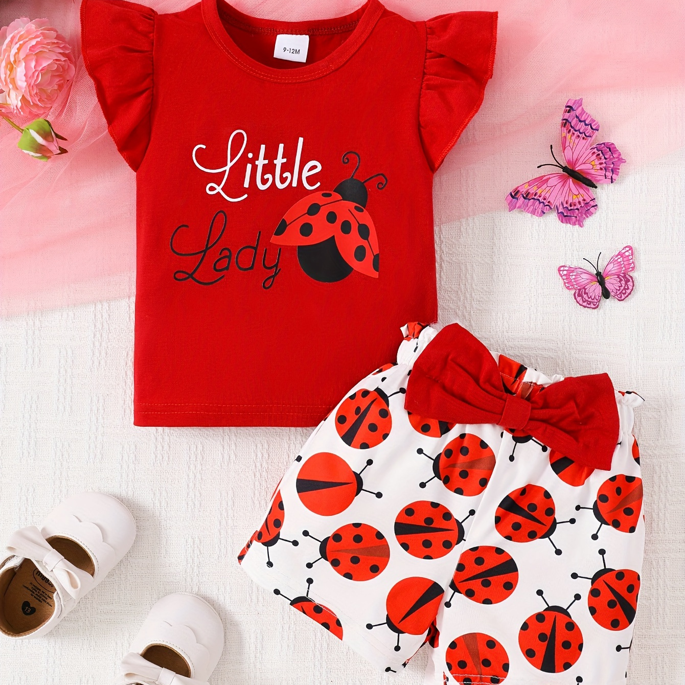 

Baby Girl's Ruffle Trim Sleeve Cute Graphic T-shirt & Bowknot Ladybugpattern Shorts Set, Casual Summer Outfit