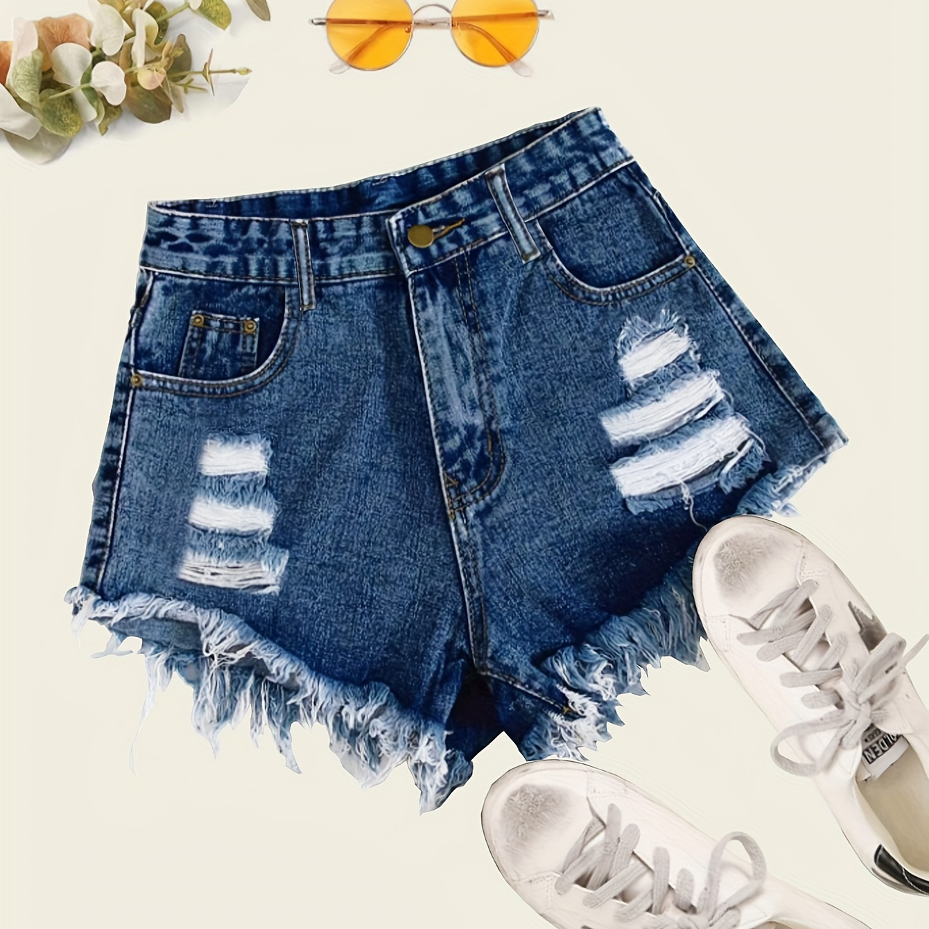 

Women's Casual Ripped Denim Shorts, Loose-fitting Slimming Jean Hot Pants, Streetwear Style, Versatile Basic Blue Shorts