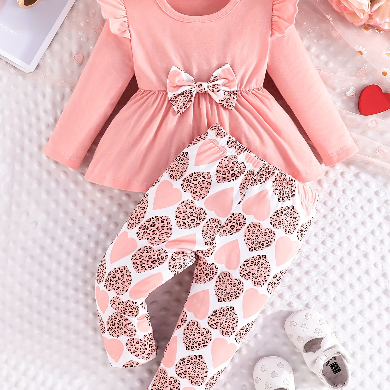 

2- 's Bow Decor Long Sleeve Peplum Top + Pattern Pants, Toddler & Infant 's Clothing Set