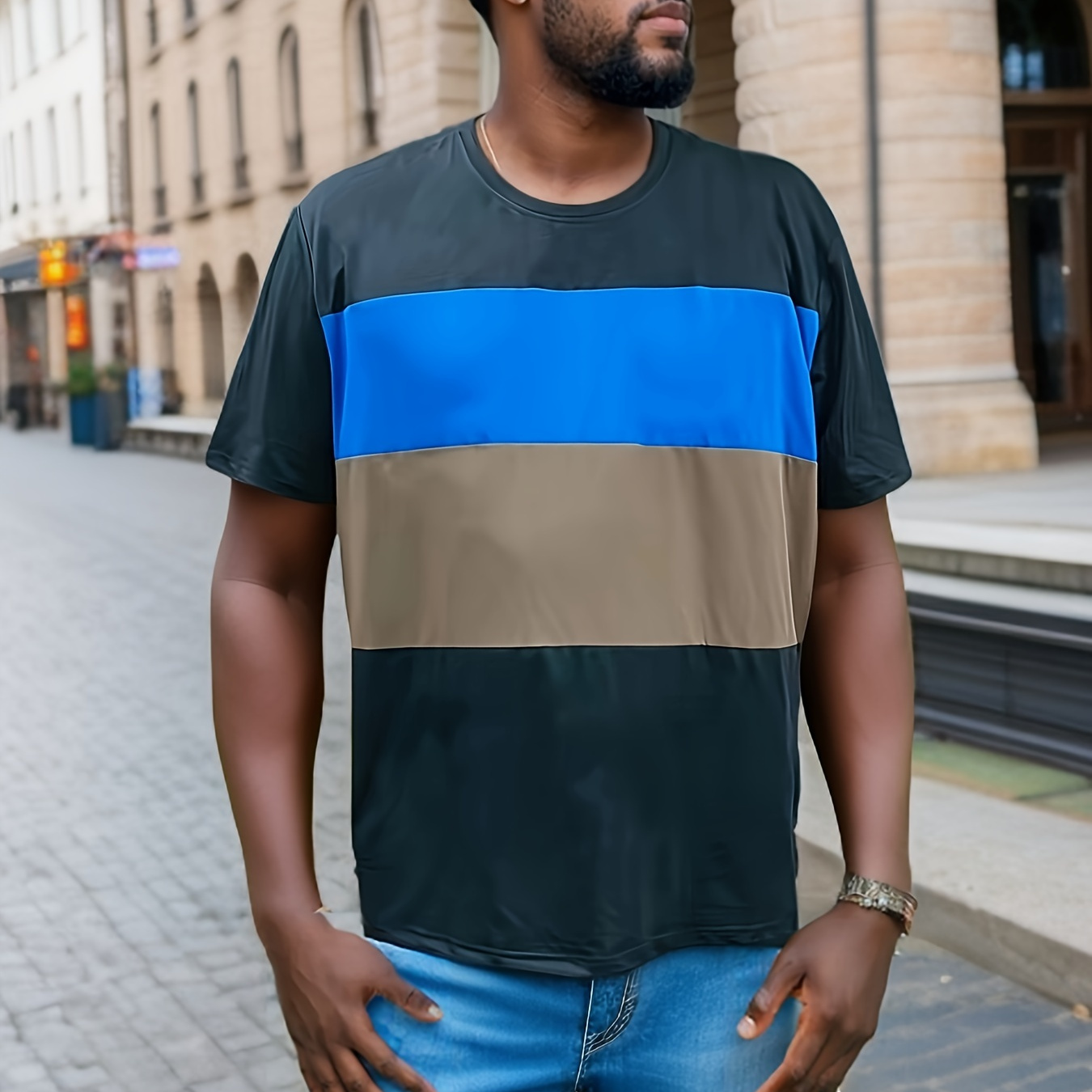 

Plus Size Men's Contrast Color T-shirt For Summer, Casual Tees