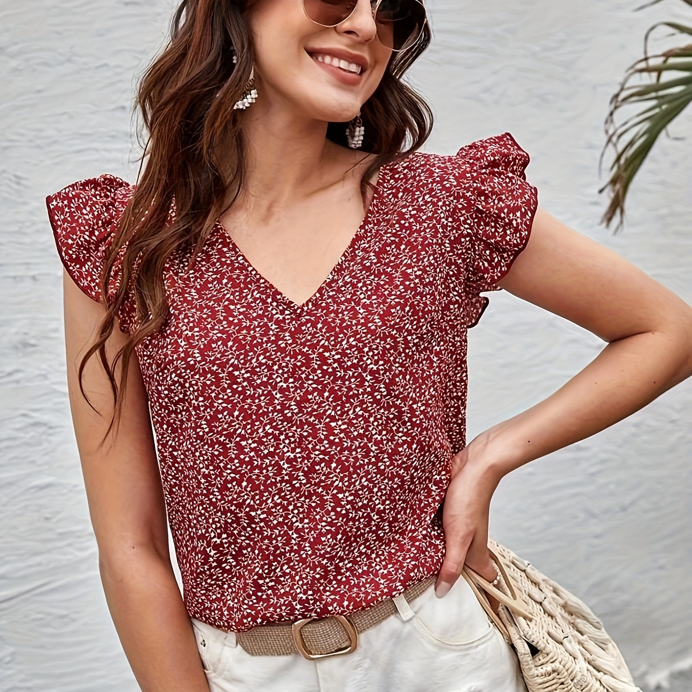 

Plant Print V Neck Blouse, Casual Ruffle Sleeve Blouse For Spring & Summer, Women's Clothing