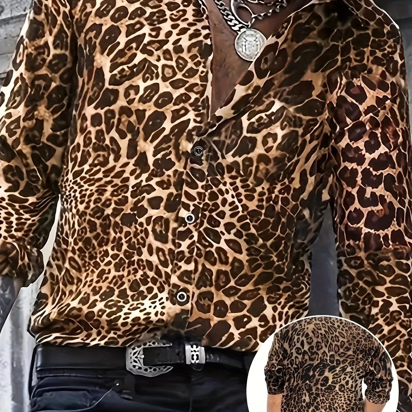 

Men's Chic Leopard Print Long Sleeve Shirt - Casual Polyester Button-up For Spring & Fall, Stylish, Fashion