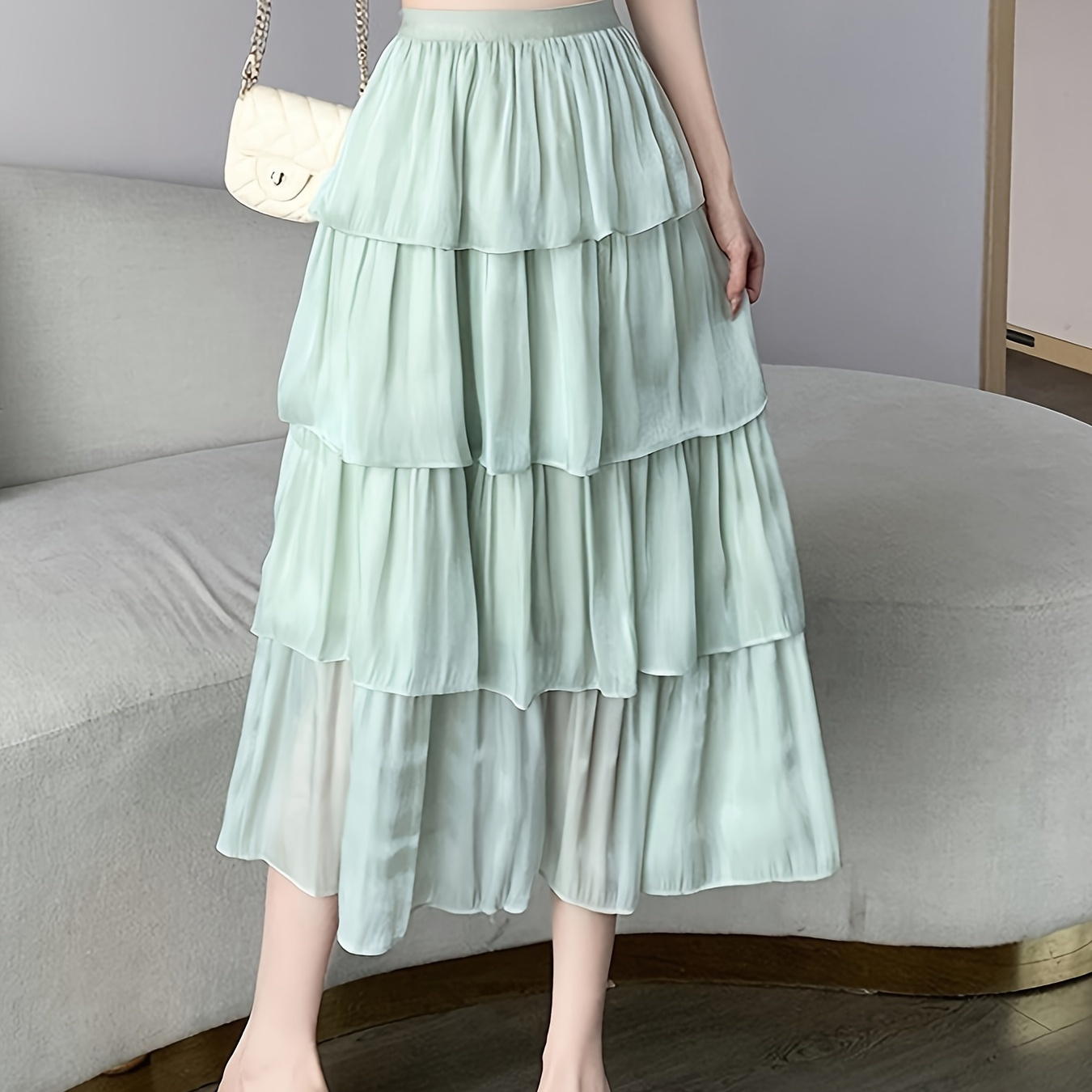 

Solid Color Layered Hem Skirt, Elegant High Waist Midi Skirt For Spring & Summer, Women's Clothing