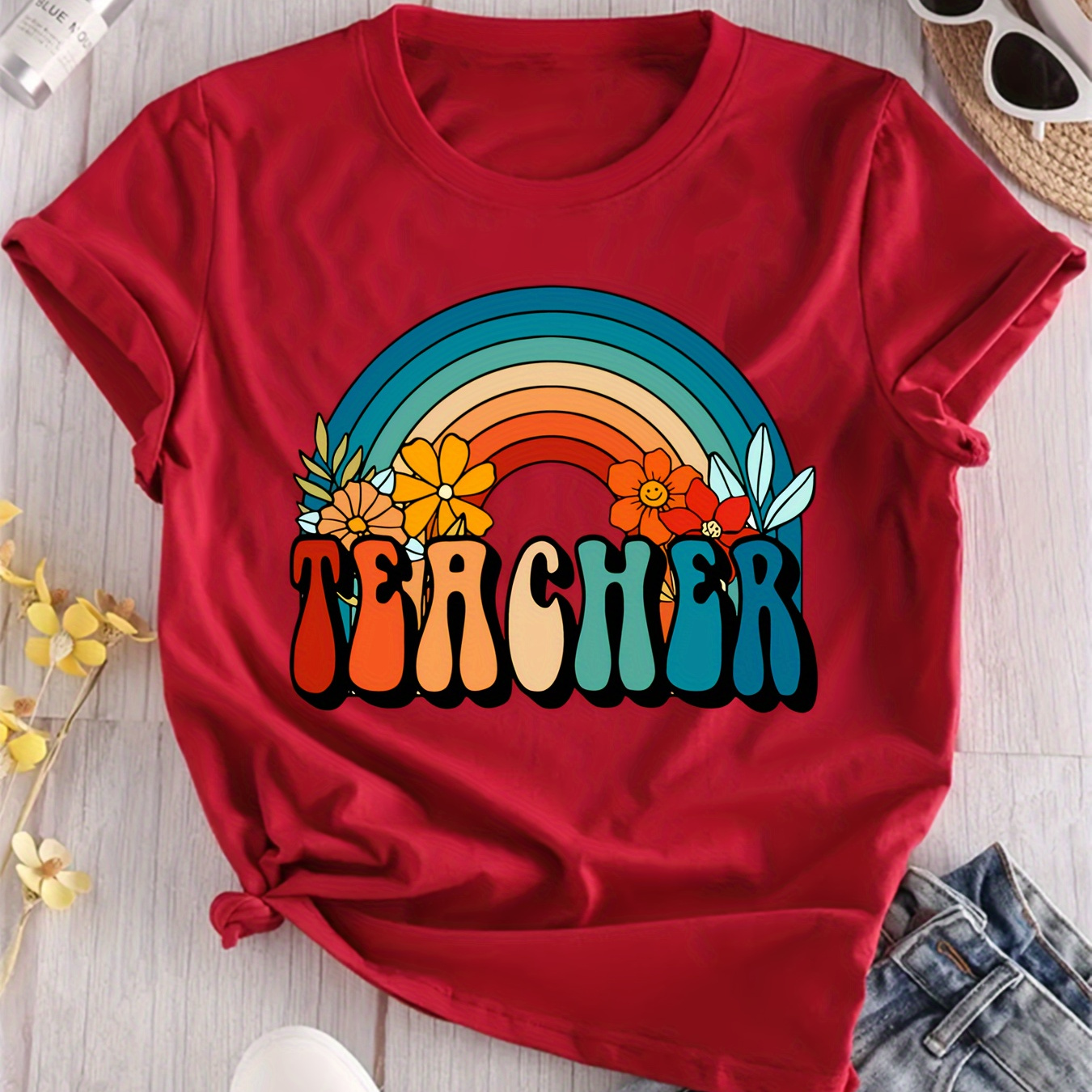 

Plus Size Teacher & Rainbow Print T-shirt, Casual Short Sleeve Crew Neck Top For Spring & Summer, Women's Plus Size Clothing