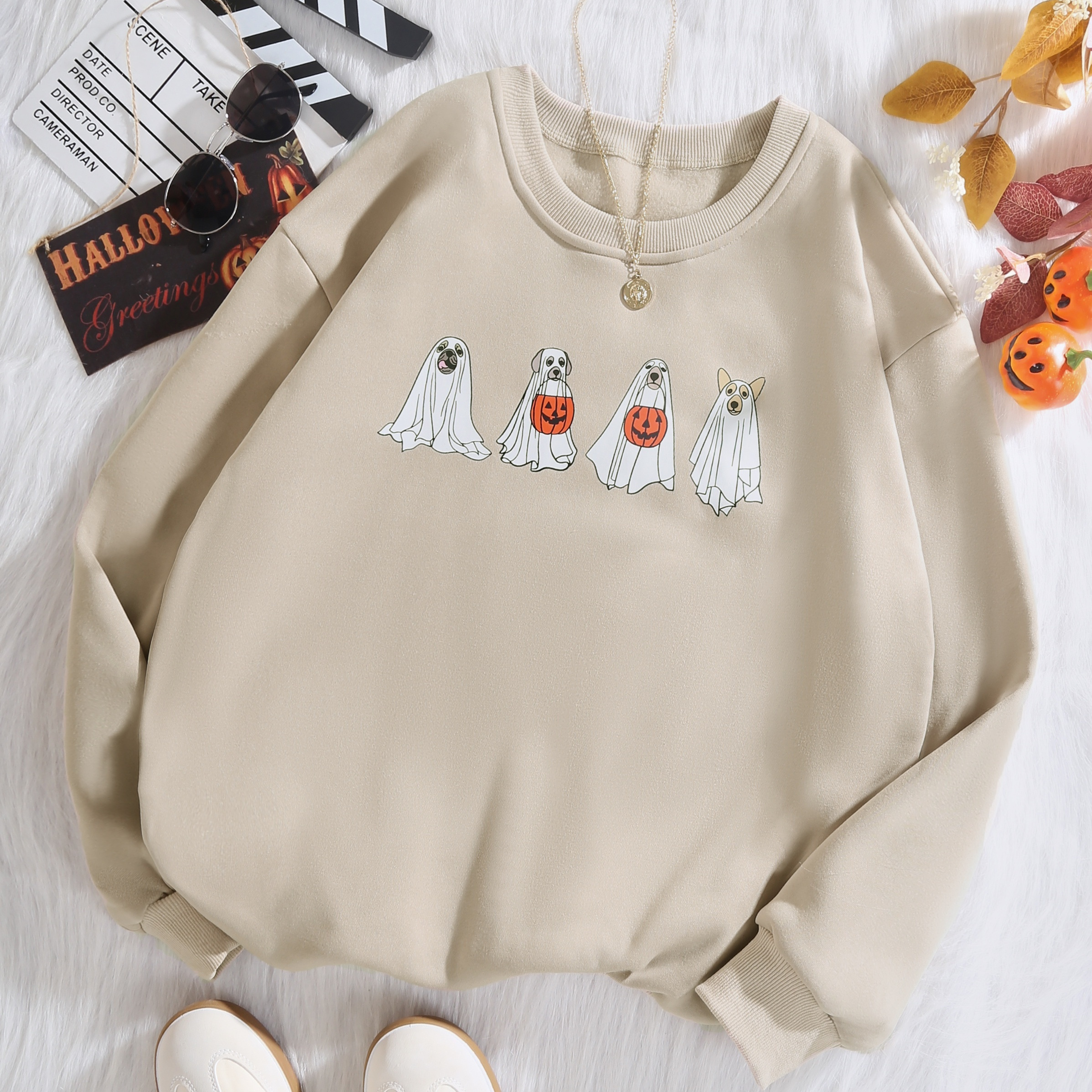 

Halloween Ghost Dog Print Sweatshirt, Cute Long Sleeve Crew Neck Sweatshirt, Women's Clothing