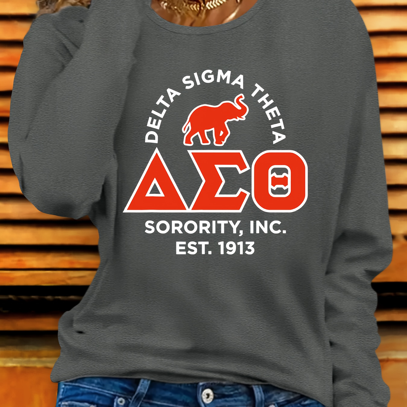 

Sorority Inc. 1913 Graphic Long Sleeve Casual T-shirt, Polyester Knit Fabric With Medium Stretch, Crew Neck, Heart Pattern, For Sorority Top