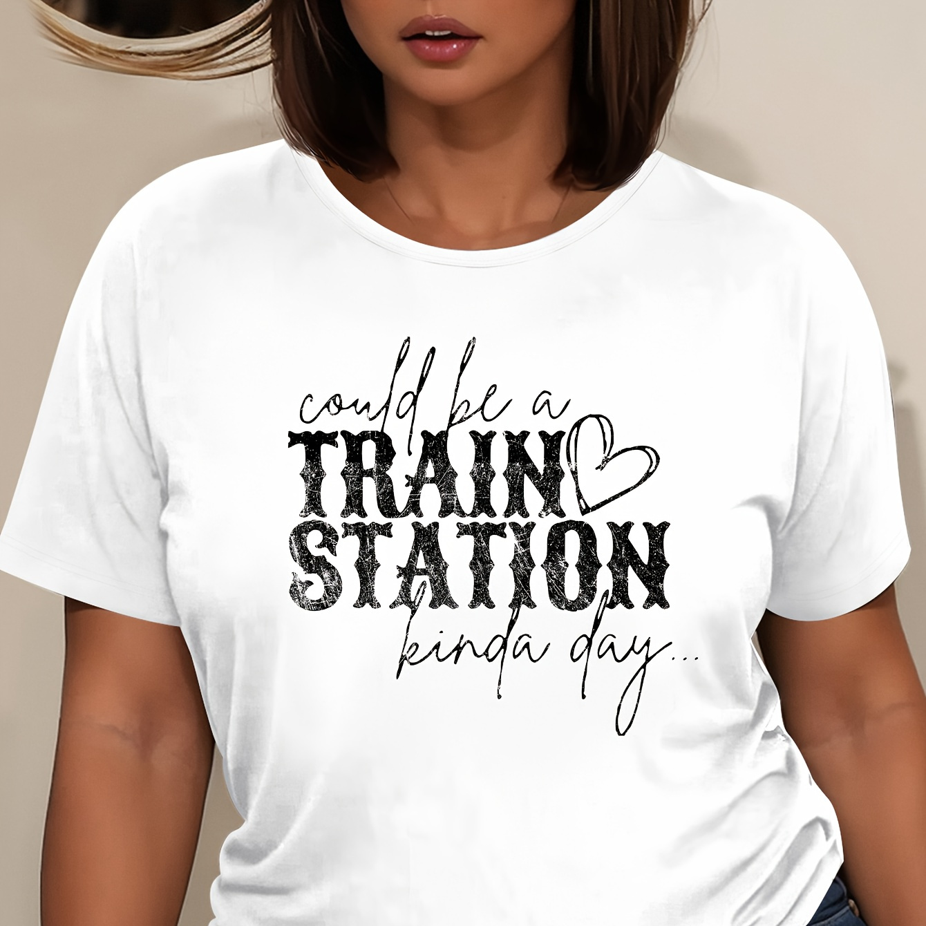 

Plus Size Train Station Print T-shirt, Short Sleeve Crew Neck Casual Top For Summer & Spring, Women's Plus Size Clothing