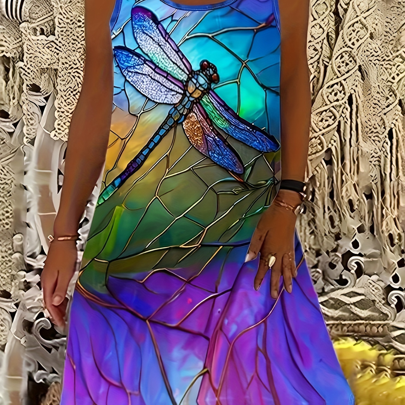 

Robe débardeur manches Dragonfly Print, robe décontractée à col rond pour et l'été, vêtements pour femmes