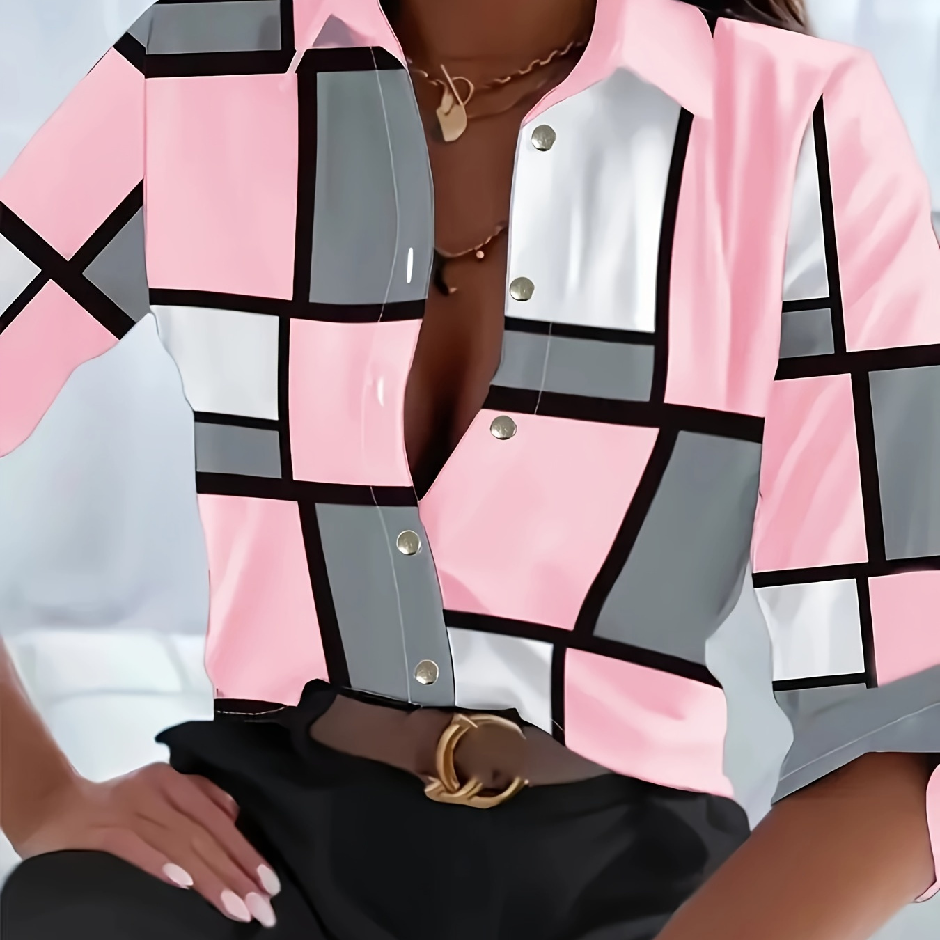 

Blouse Femme Imprimé Géométrique, Mélange Polyester, Col , Détails Patchés, Tissé, pour Chemise Printemps/Automne