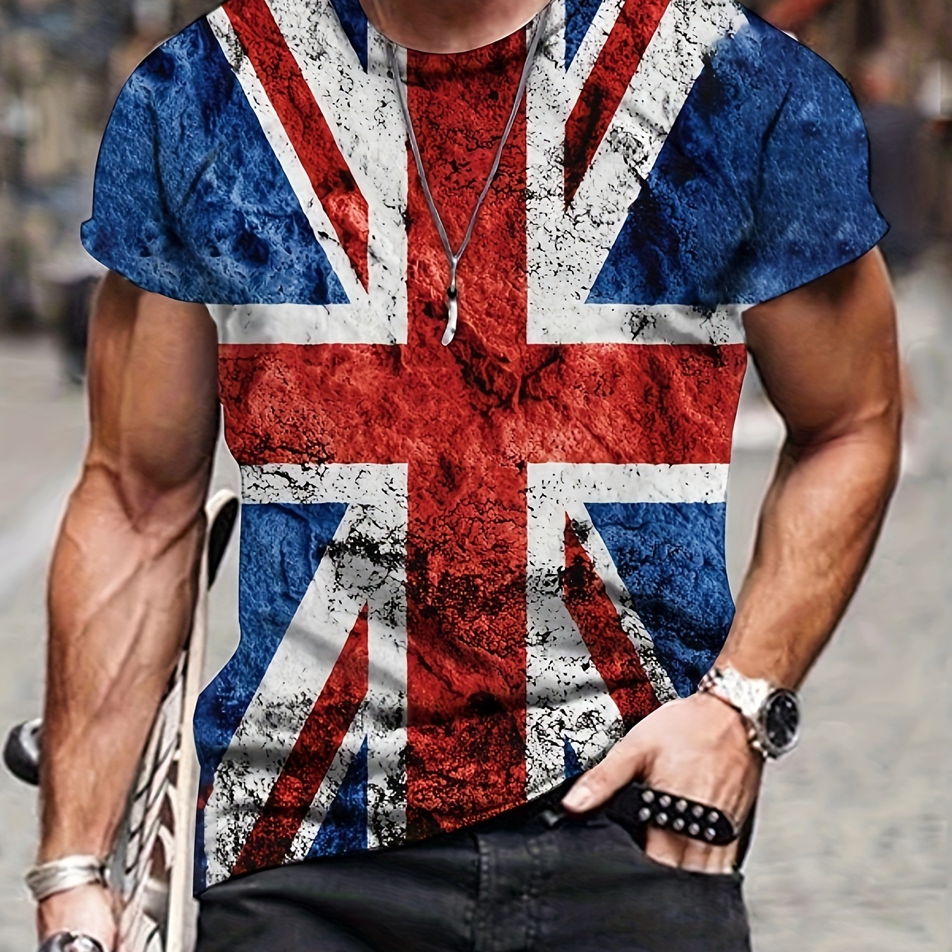 

Men's 3d Vintage British Flag Print T-shirt, Casual Comfy Mid Stretch Crew Neck Tee, Men's Clothing For Outdoor
