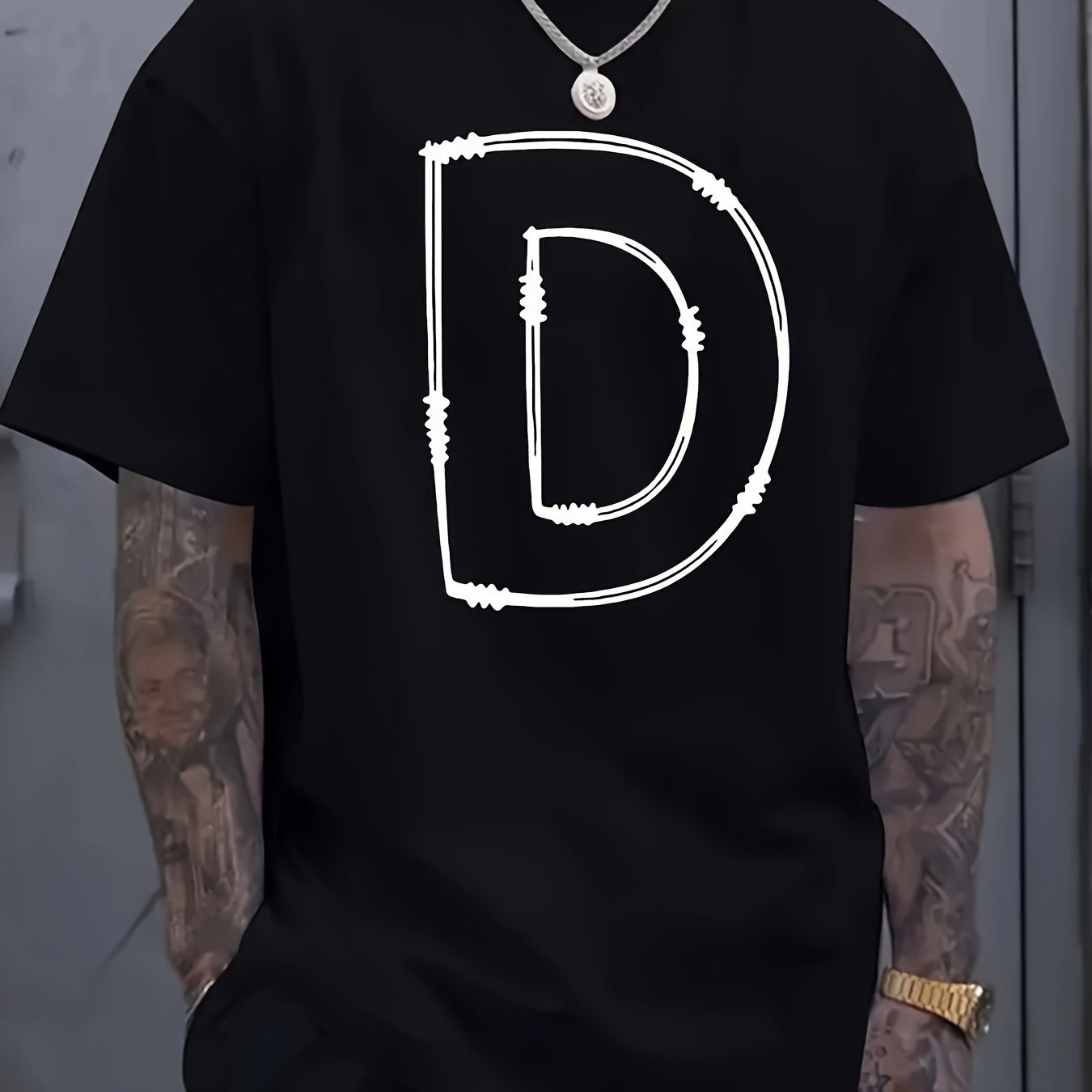 

Men' Cotton T-shirt With Geometric Letter – Casual Round Neck, Short Sleeve, Breathable & Comfortable For Casual Attire, Summer & Fall Outdoor Activities, Leisure Clothing | Modern Aesthetic Shirt |