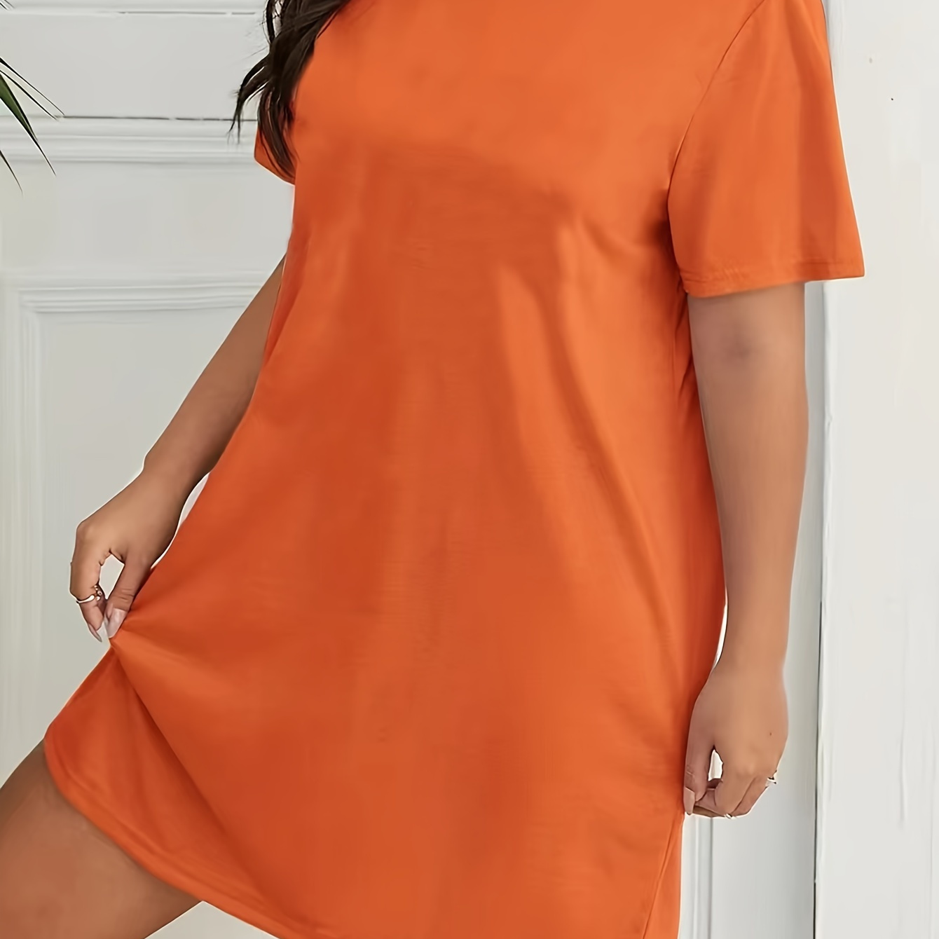 

Women's Casual Lounge Dress, Plus Size Basic Solid Short Sleeve Round Neck Tee Sleep Dress