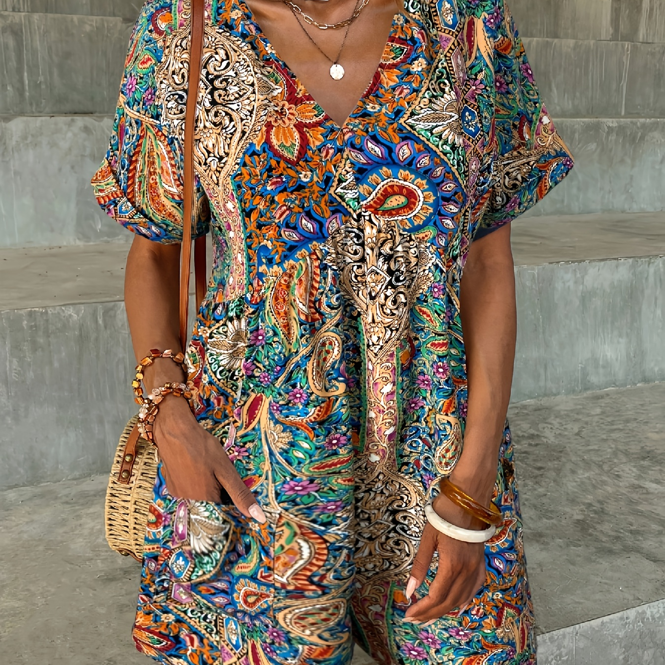 TEMU 0151 Dress · Tropical Print Bohemian Women's Wear · Paisley Pattern Holiday Jumpsuit · Spring Bohemian Outfit For Women