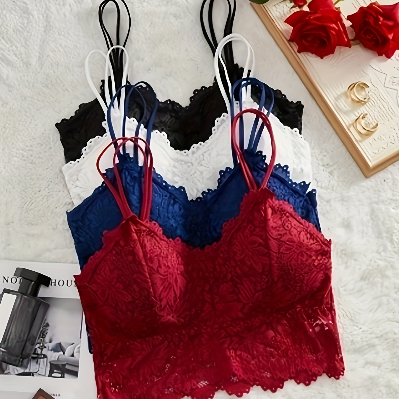 

4 pièces de bralettes armatures en dentelle florale solide avec bordure festonnée, soutien-gorge sexy et confortable à couverture complète, lingerie et sous-vêtements pour femmes