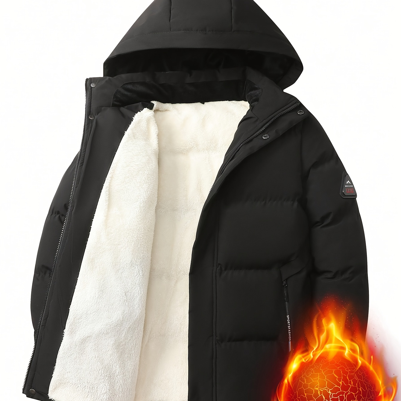 

's Warm Jacket With Stand Collar, Hood, Cold Protection, Fleece, Thickening, Warm, Casual, Loose Jacket