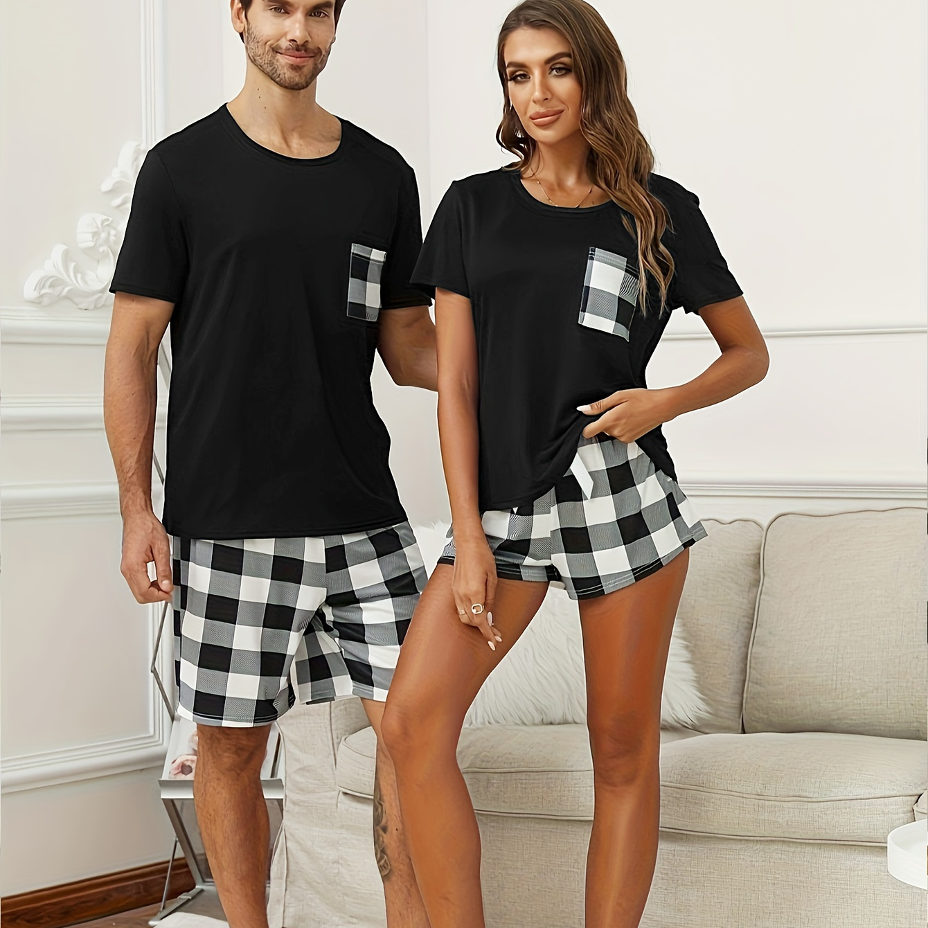 

Men's Simple Style Casual Couple Pajamas Sets, Shorts Sleeve Crew Neck Top & Loose Checkered Shorts Lounge Wear, Outdoor Sets For Summer, As Valentine's Day Gifts
