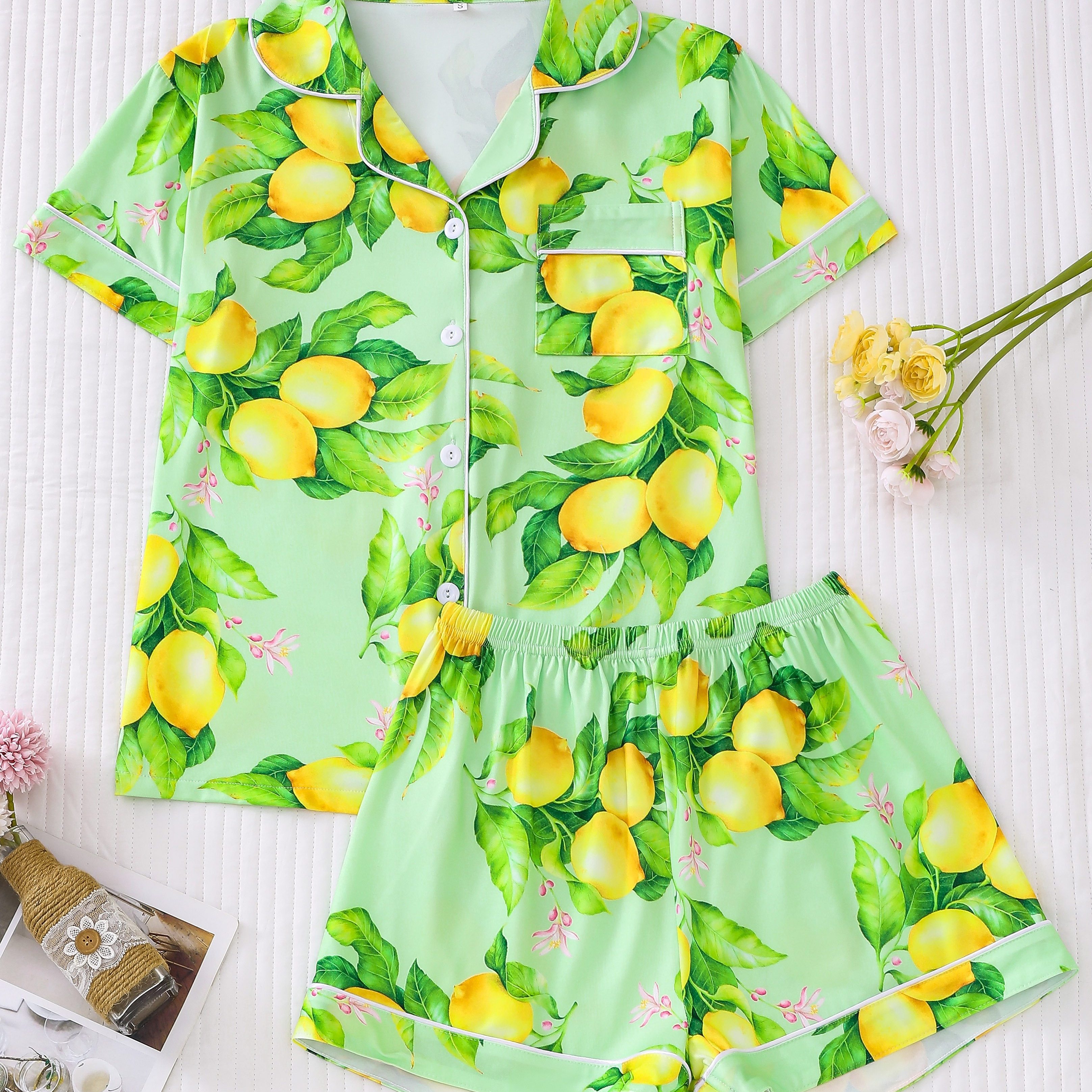 

Allover Lemon Print Pajama Set, Casual Short Sleeve Button Up Lapel Collar Top & Shorts, Women's Sleepwear