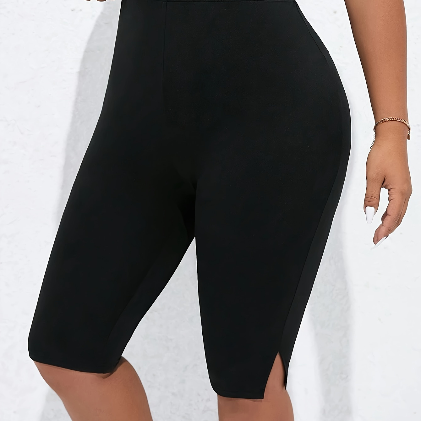 

Plus Size Solid Slit Skinny Leggings, Casual Every Day Stretchy Leggings, Women's Plus Size Clothing