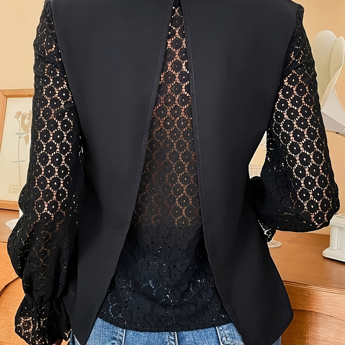 

Contrast Lace Ruffle Notch Neck Blouse, Casual Long Bell Sleeve Layered Blouse For Spring & Fall, Women's Clothing Wedding Holiday Vacation