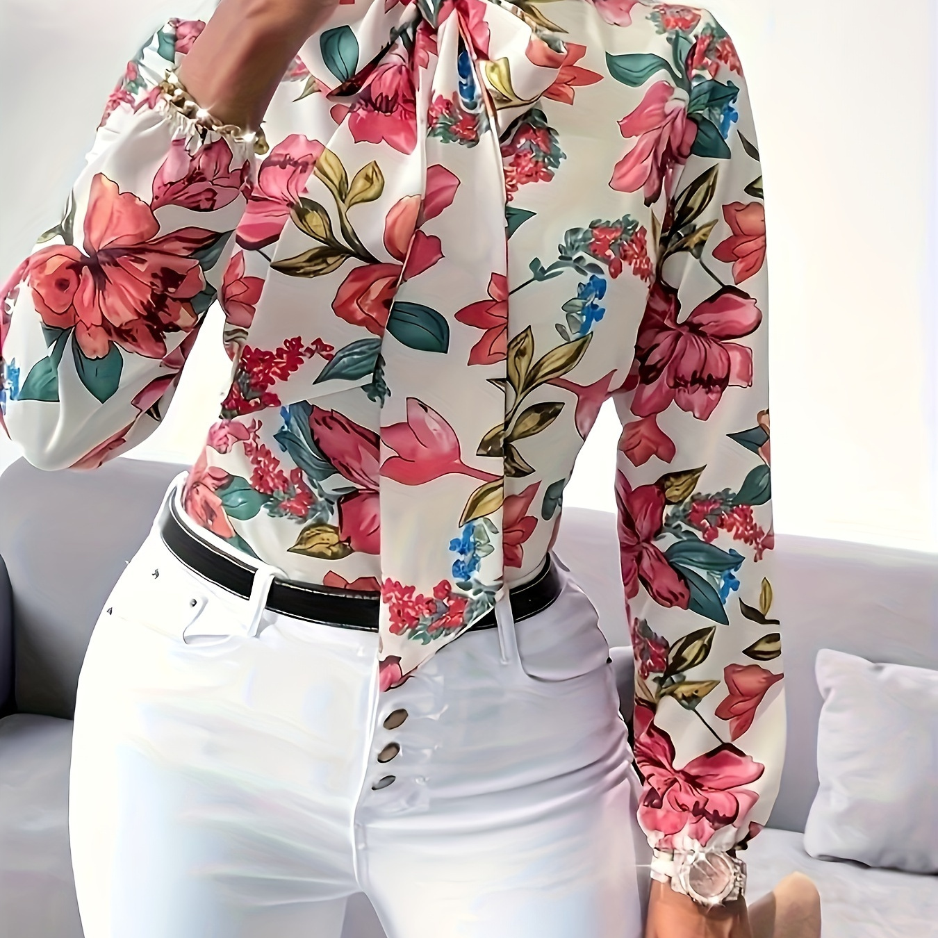 

Elegant Xin Sleir Floral Print Blouse With Bow Tie & Flowing Ribbon Detail - Long Sleeve, Polyester, Machine Washable - Ideal For Spring/summer/fall Fashion Events