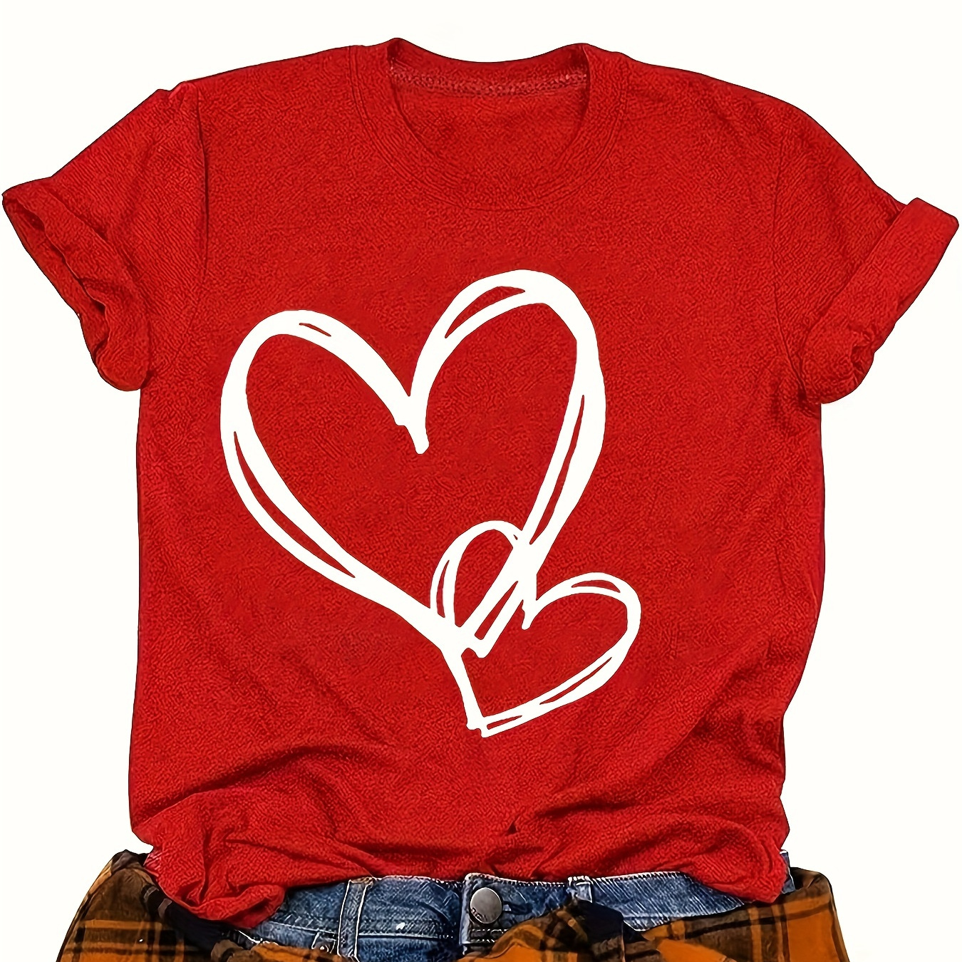 

Heart Print Crew Neck T-shirt, Casual Short Sleeve Top For Spring & Fall, Women's Clothing, Valentine's Day