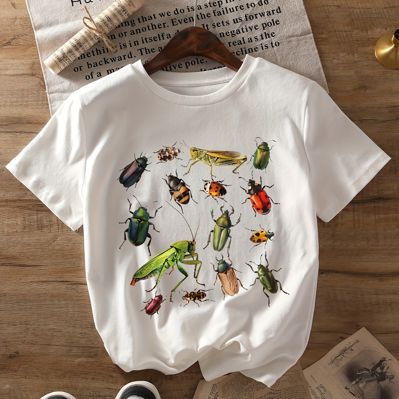 

Insect Print T-shirt, Short Sleeve Crew Neck Casual Top For Summer & Spring, Women's Clothing