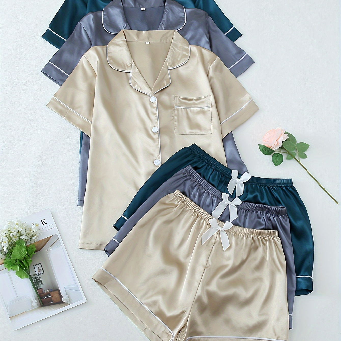 

3 Sets Women's Solid Satin Casual Pajama Set, Short Sleeve Buttons Lapel Top & Shorts, Comfortable Relaxed Fit