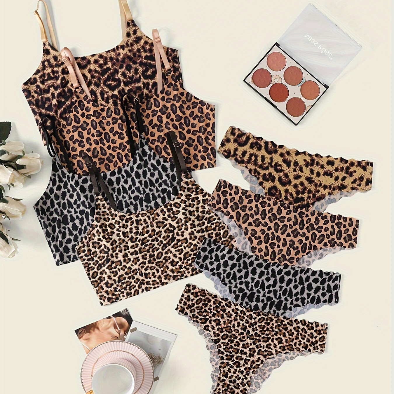 

Chic Leopard Print 4pcs Lingerie Set For Women - Includes Bra, Thong & Garter Belt, Nylon ,