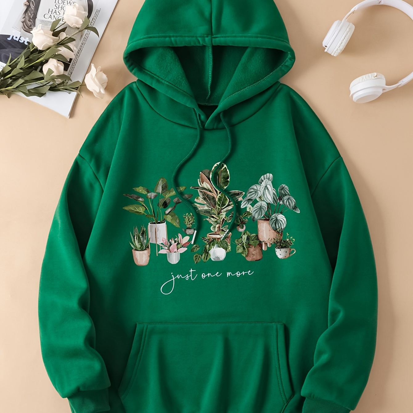 

Plant Print Kangaroo Pocket Hoodie, Drawstring Casual Hooded Sweatshirt For Winter & Fall, Women's Clothing