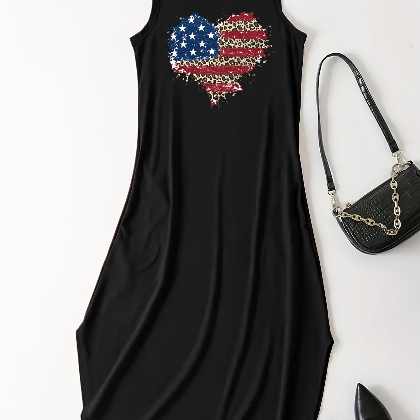 

Heart Print Tank Dress, Casual Crew Neck Sleeveless Maxi Dress, Women's Clothing