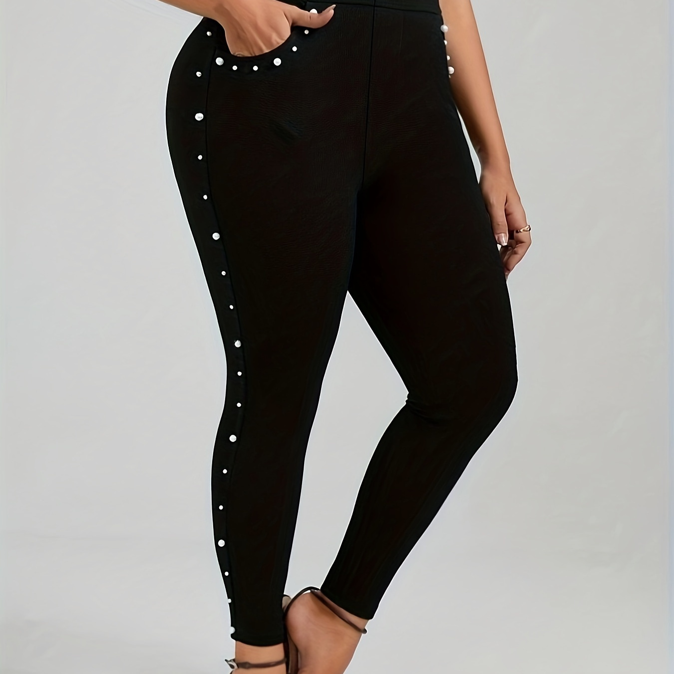 

Plus Size Solid Beaded Skinny Leggings, Elegant High Waist Leggings For Spring & Summer, Women's Plus Size Clothing