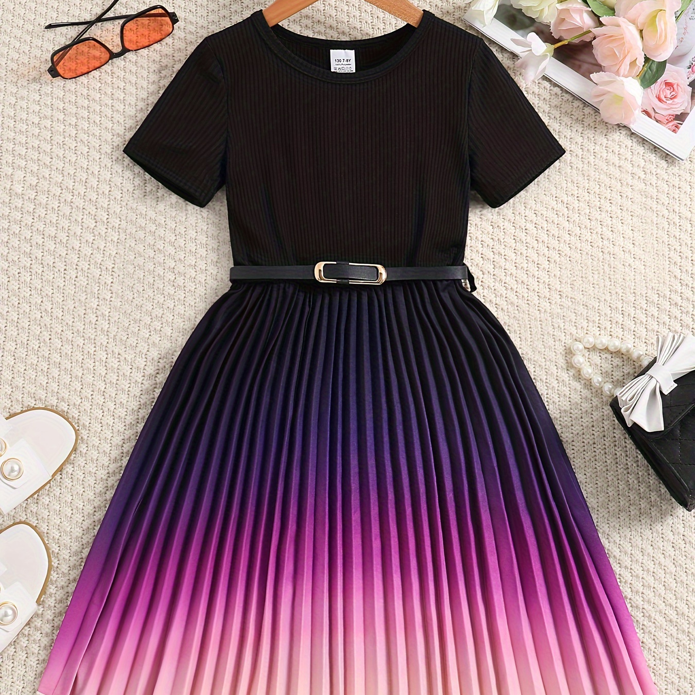 

Creative Short Sleeve Pleated Dress For Girls Comfy Holiday Casual Dresses, Summer Clothing Gift