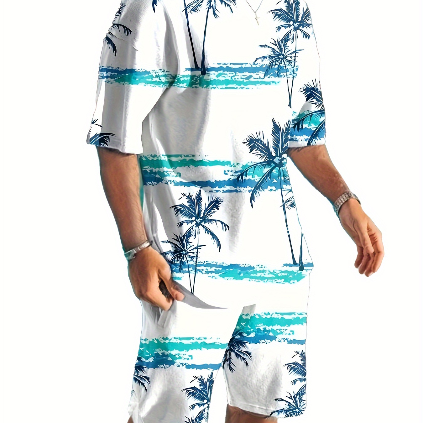 

Coconut Tree 2pcs Trendy Outfits For Men, Casual Crew Neck Short Sleeve T-shirt And Shorts Set For Summer, Men's Clothing Vacation Workout