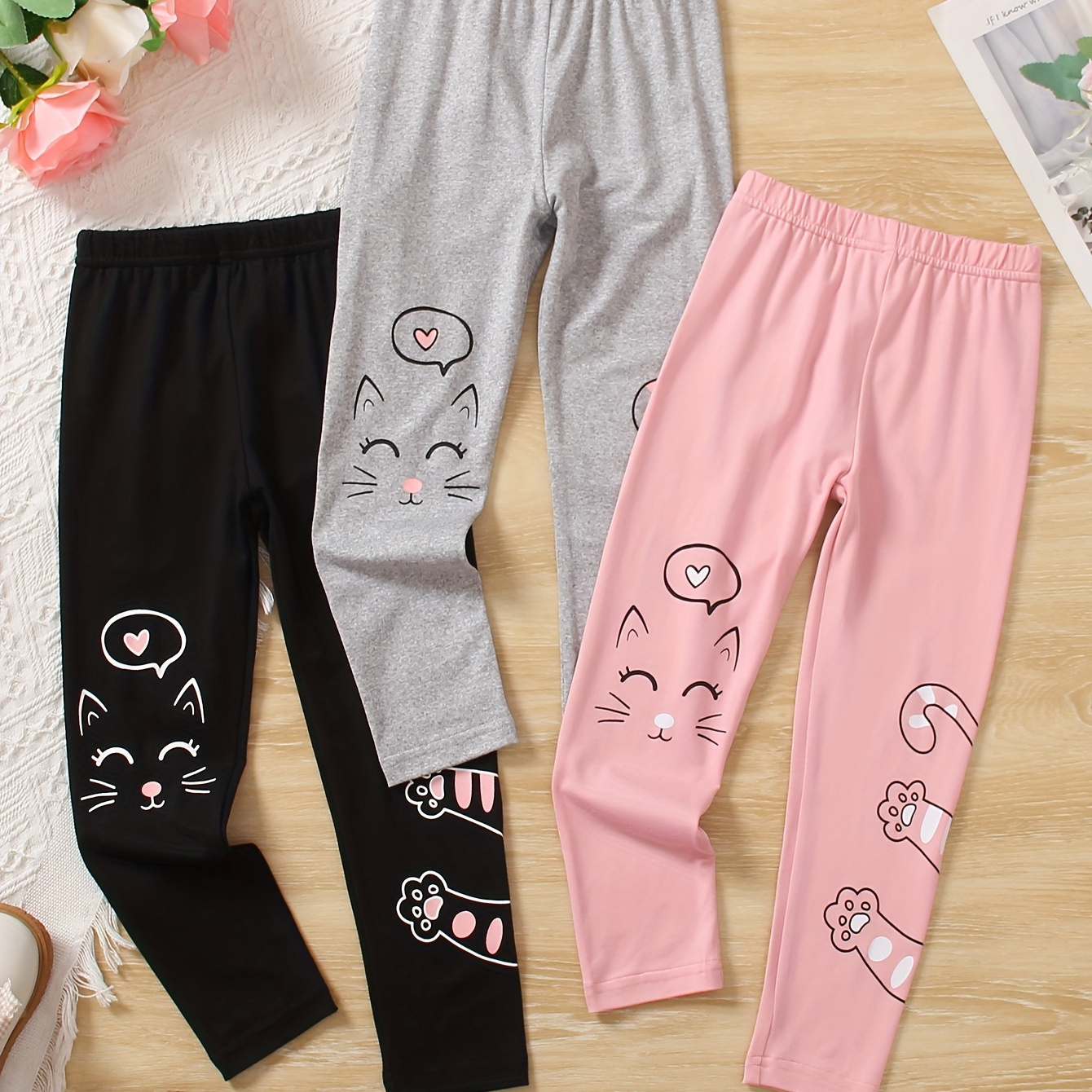 

3pcs Girls Cartoon Cat Print Leggings Set For All Seasons Party Gift