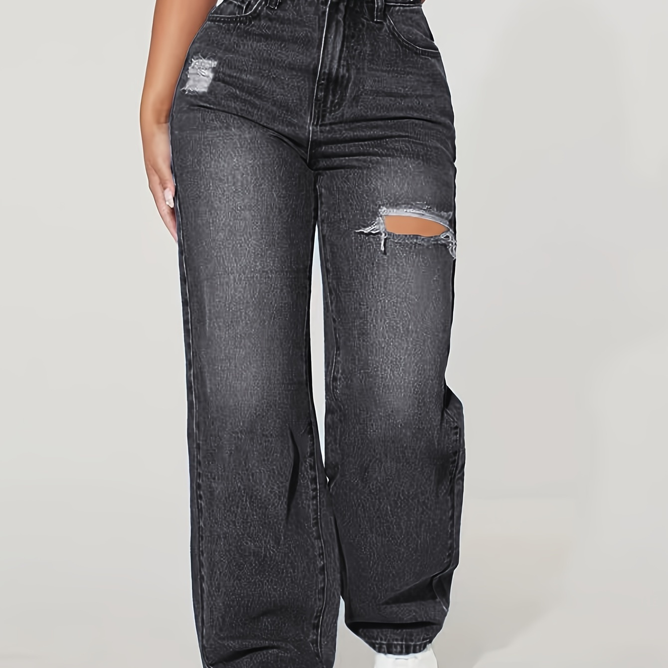 

Women's Casual High-waist Straight-leg Jeans - Denim With Ripped Detail, Machine Washable