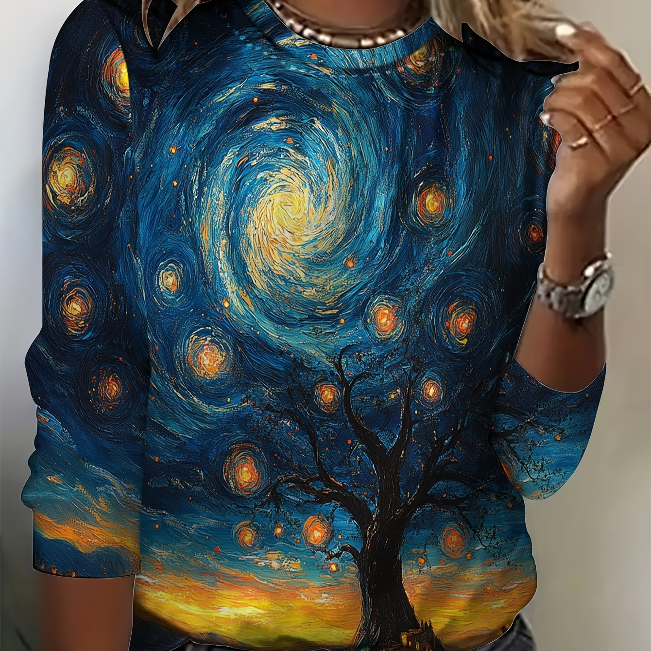 

Women's Artistic Starry Night Print T-shirt, Polyester 95% Elastane 5% Knit Fabric, Crew Neck Long Sleeve Casual Top For Spring/fall