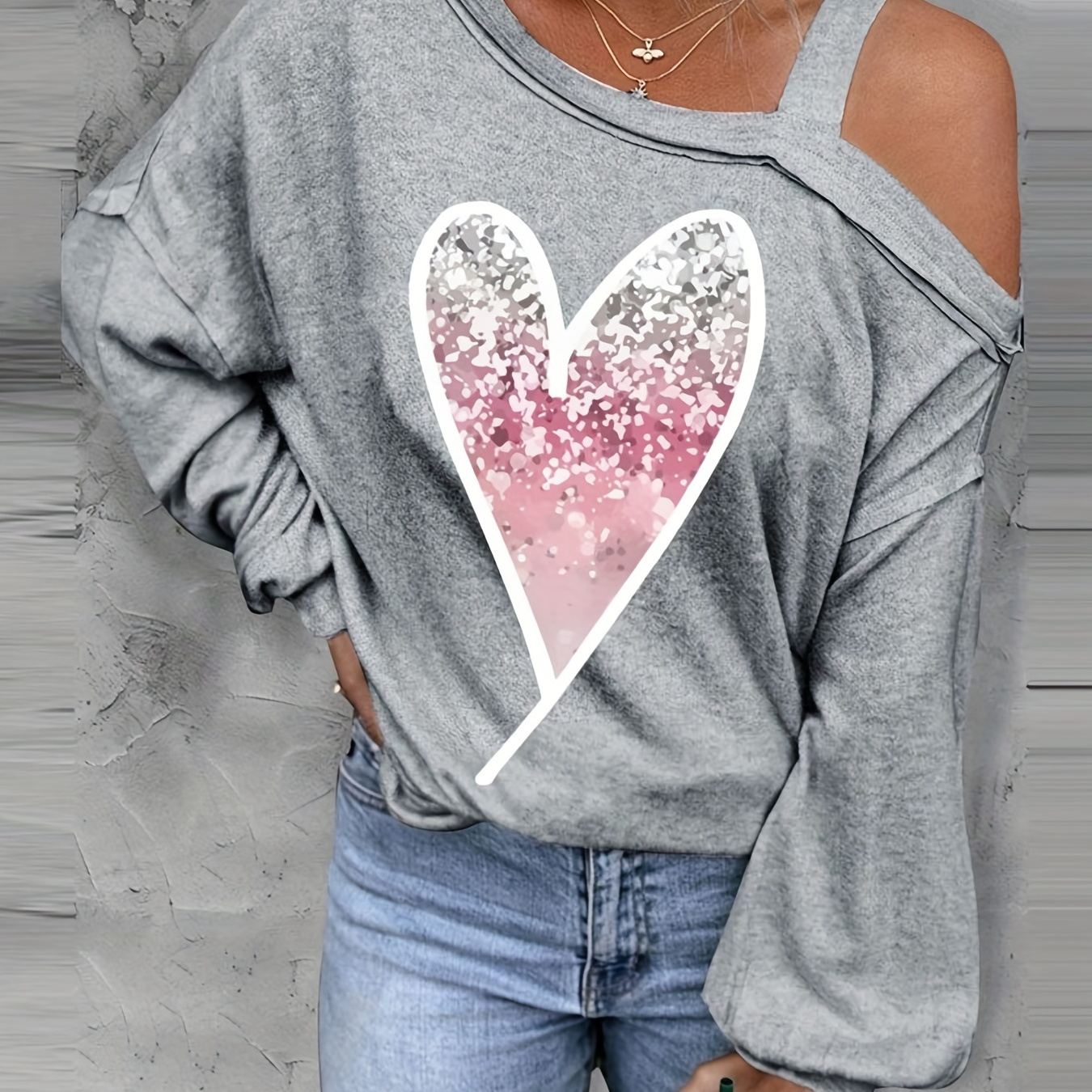 

Heart Print Cold Shoulder T-shirt, Casual Long Sleeve T-shirt For Spring & Fall, Women's Clothing