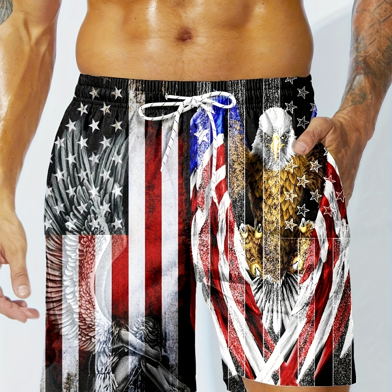 

1pc, Men's Eagle And American Flag Pattern Board Shorts With Drawstring And Pockets, Stylish And Cool Shorts For Summer Beach And Holiday Wear