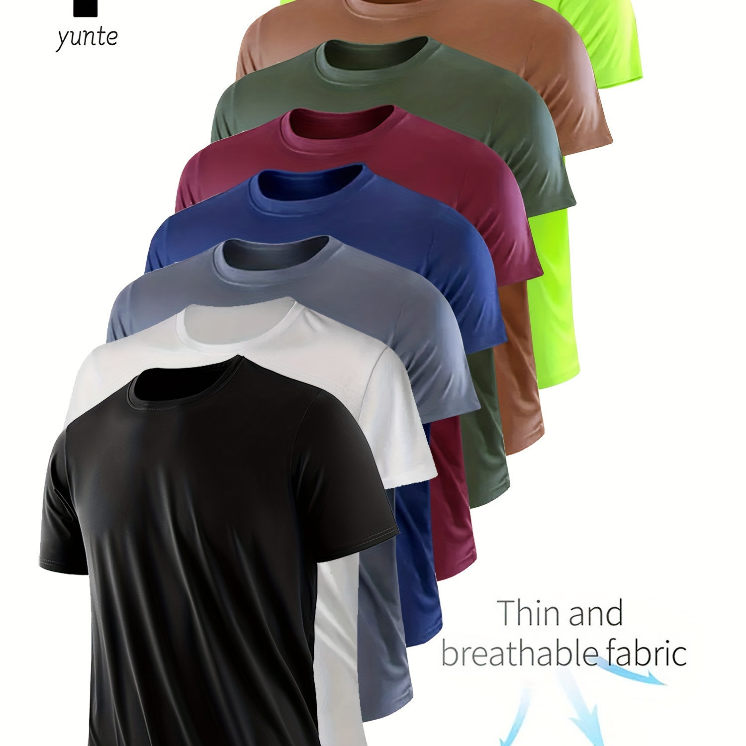 

8 t-shirts à manches courtes de couleur unie, haut ras du cou respirant et confortable pour homme, pour le sport d'été et les tenues décontractées.