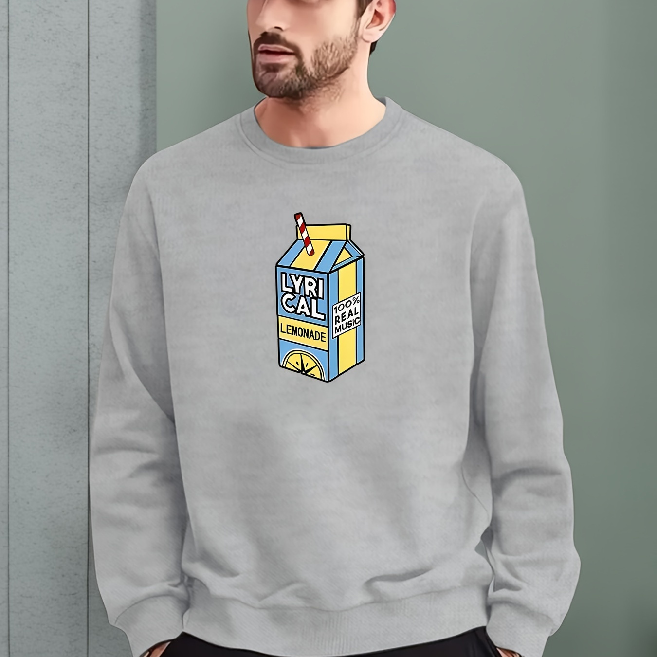 

Men's Fashionable Casual Lemonade Pattern Print, Round Neck Pullover Long Sleeve Sweatshirt, Suitable For Outdoor Sports, For Autumn And Winter, Can Be Paired With Hip-hop Necklace, As Gifts