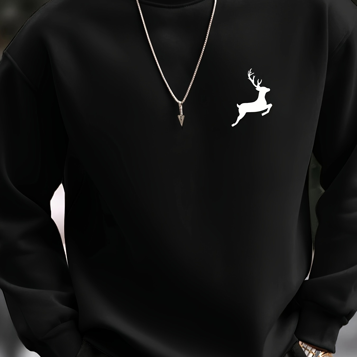 

Deer Print Fashionable Men's Casual Long Sleeve Crew Neck Pullover Sweatshirt, Suitable For Outdoor Sports, For Autumn Spring, Can Be Paired With Necklace, As Gifts