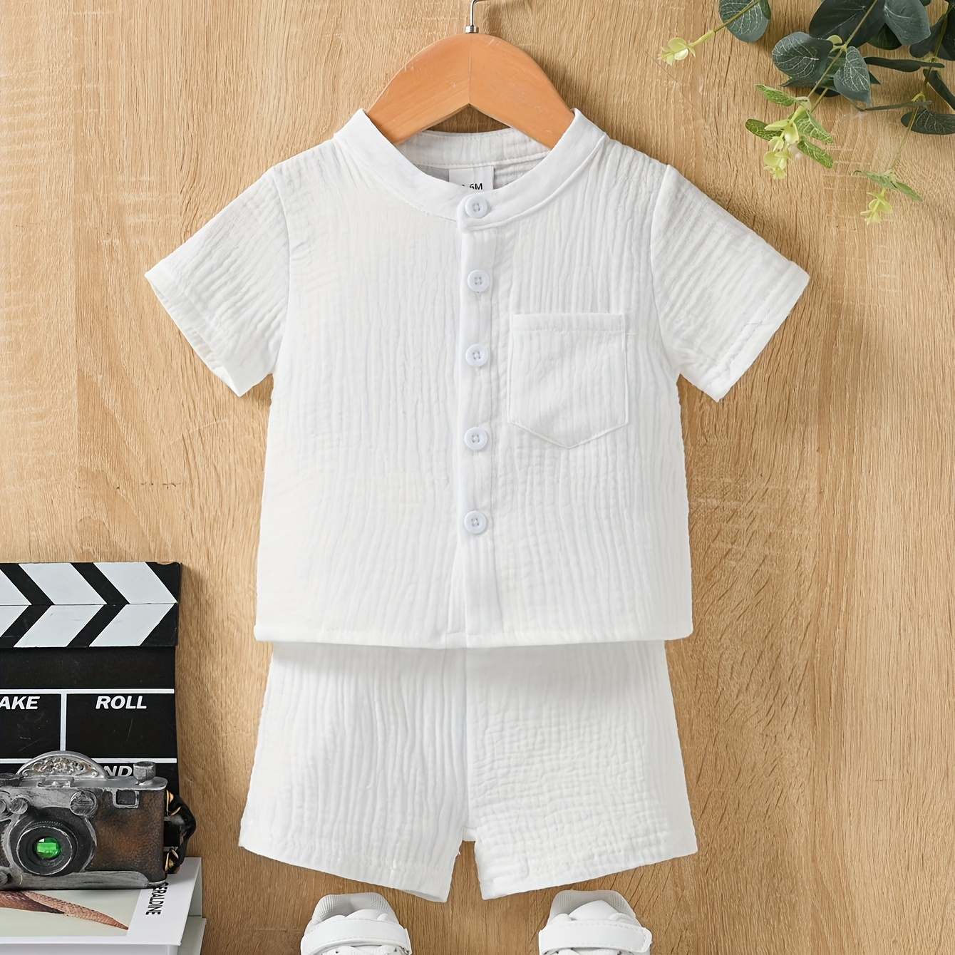 

2pcs Baby Boy's Cotton Muslin Soild Casual Outfit, Stand Collar Shirt + Shorts Set, Casual Comfy Breathable Outfit, Toddler Summer Clothing